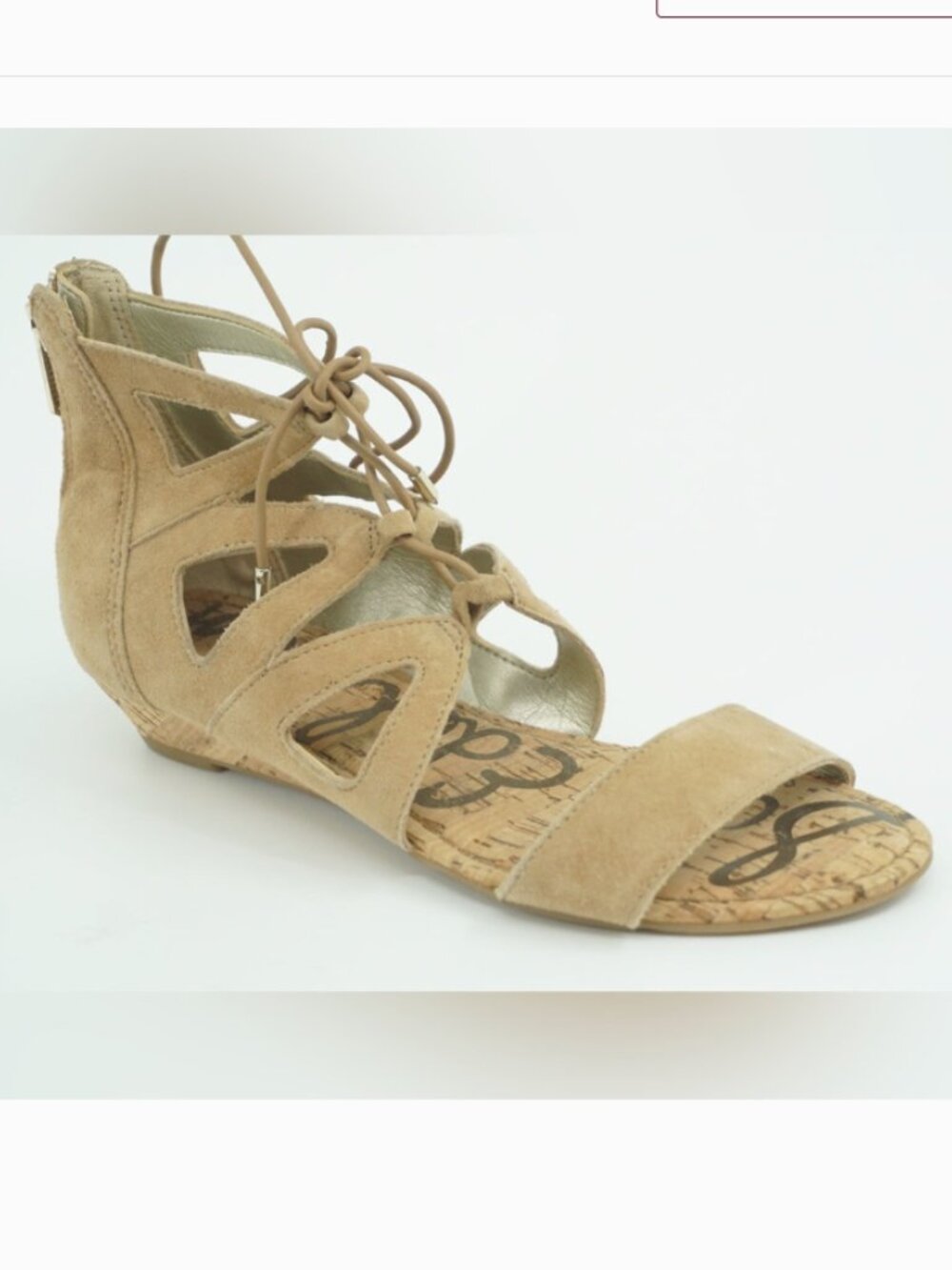 Sam Edelman Dean Beige Suede Demi Wedge Caged Sandal SZ 8 Cork Strappy